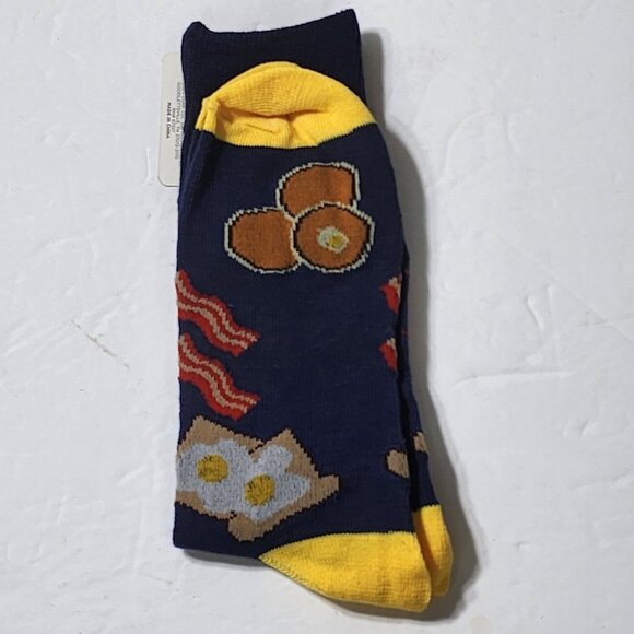 Dolgen Corp Mens Crew Socks Breakfast Eggs Bacon Toast Blue & Yellow 1 pack New - Picture 4 of 4